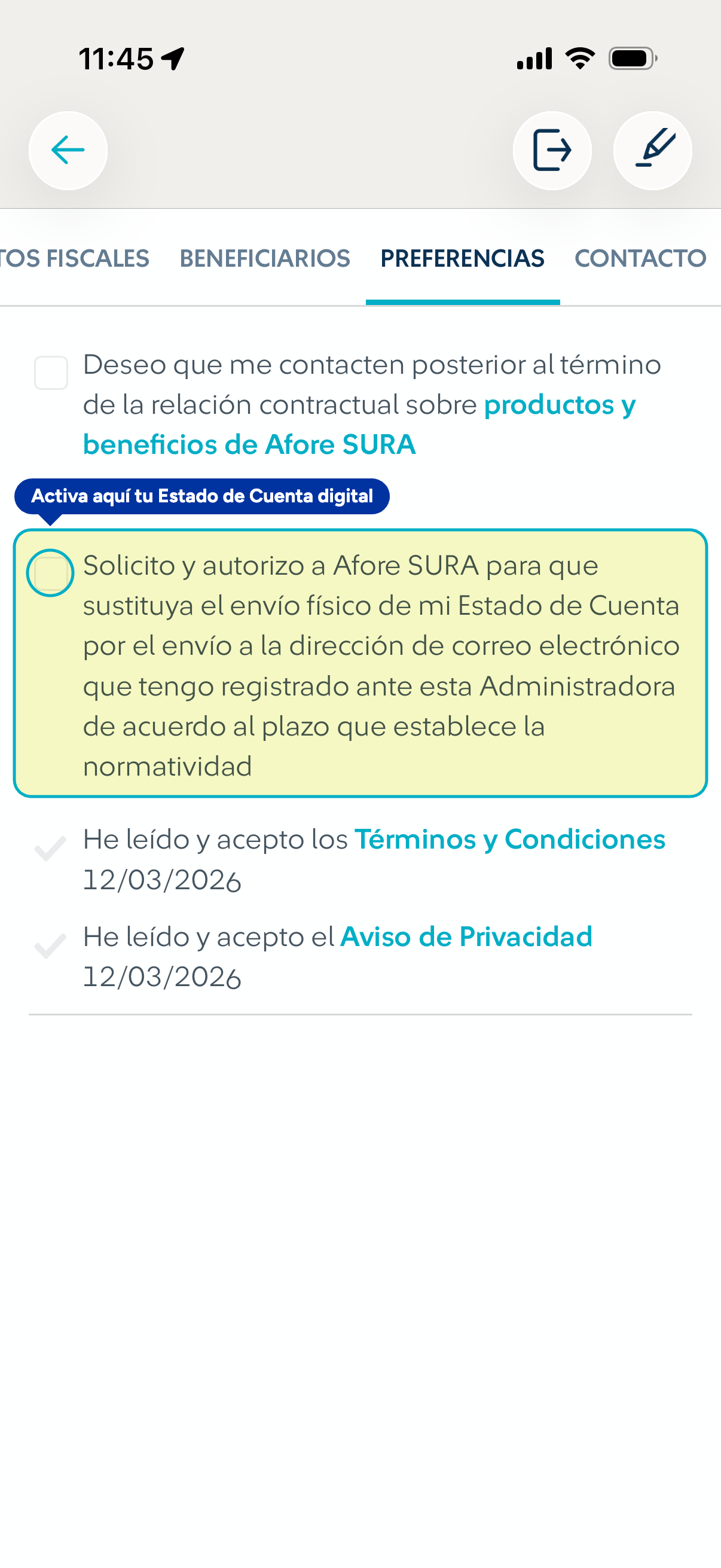 Pantalla de la app Afore SURA: Mis datos › Preferencias